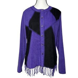 VTG Womens Patchwork Faux‎ Suede Fringe Jacket Medium Purple Black Boho Western